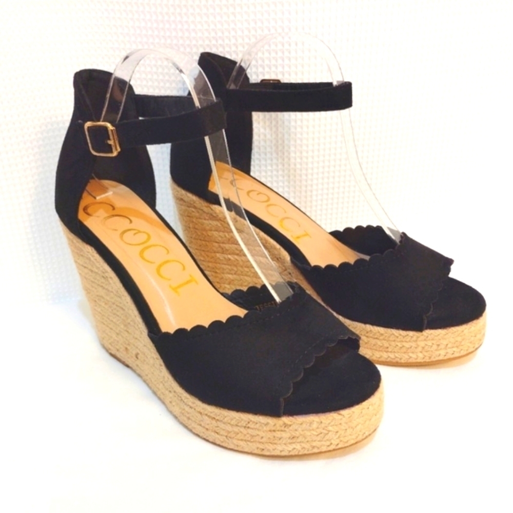 CCOCCI Jessie Espadrilles Wedge Heels Sandals Black w/ Ankle Buckle Strap